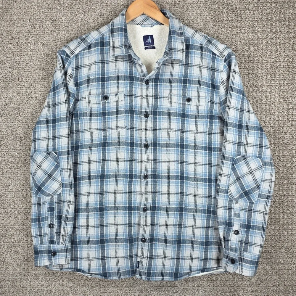 Johnnie-O Mens XXL Chad Shirt Jacket Blue White Plaid Sherpa Lined Flannel